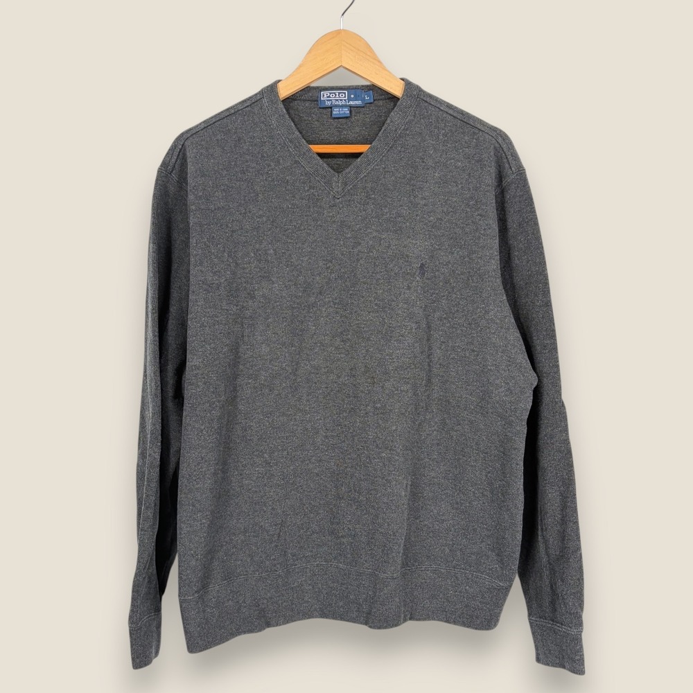 Polo Ralph Lauren V-Neck Sweater Pullover Men Large Gray 100% Cotton Knit VTG